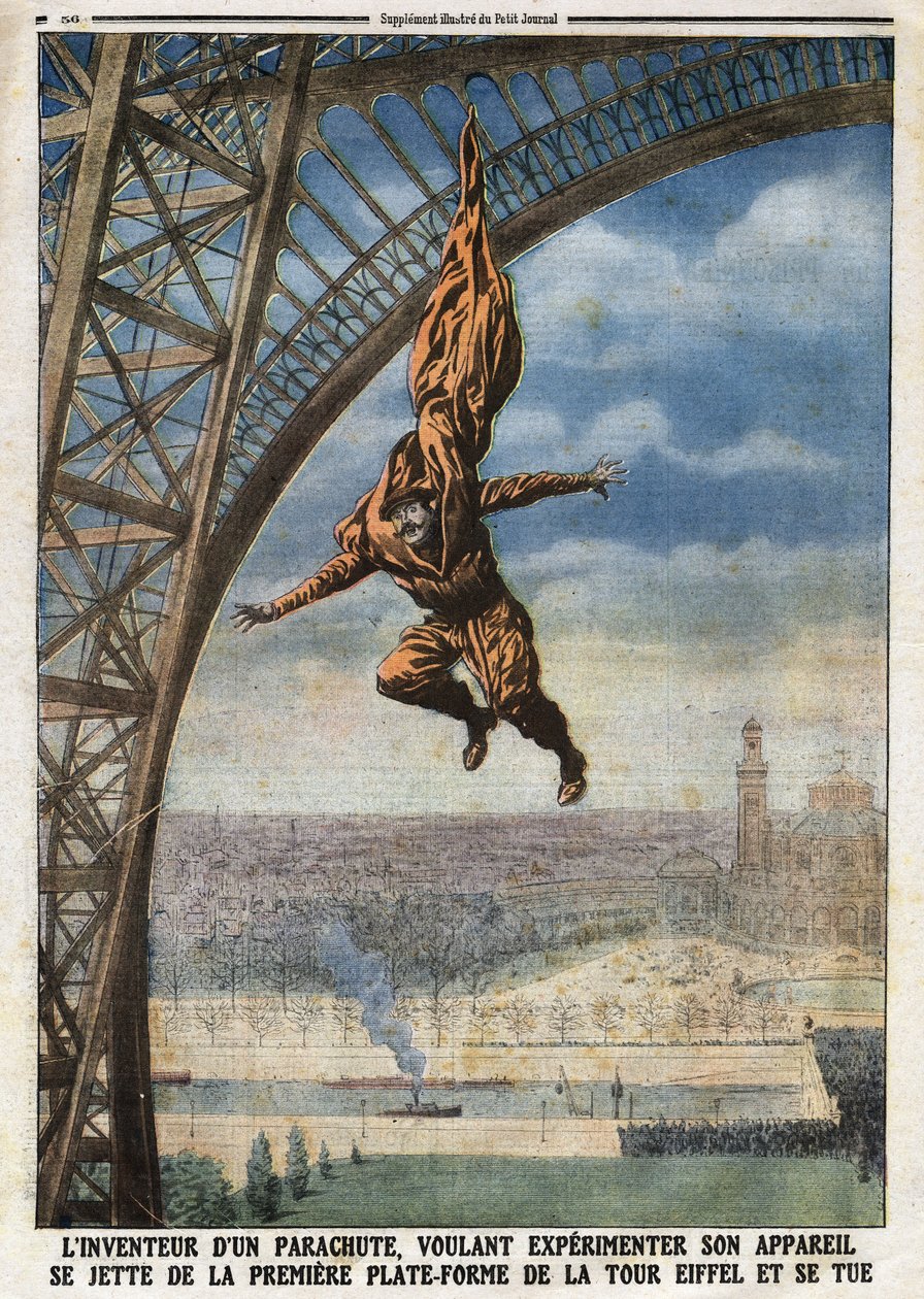 Der französische Schneider österreichischer Herkunft Franz (oder François) Reichelt (1879-1912), Erfinder eines Fallschirms, der sein Fluggerät ausprobieren will, stürzt sich von der ersten Plattform des Eiffelturms und tötet sich. Gravur in „Le Petit Jour von Anonymous Anonymous