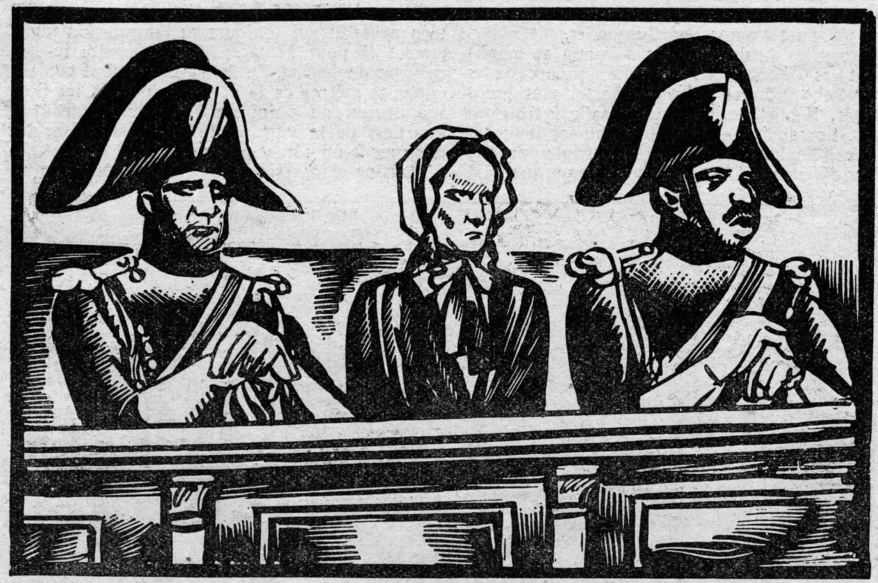 Der Fall Henriette Cornier, dargestellt im Zeugenstand während ihres Prozesses wegen des Mordes an einem Säugling, in der Nähe ihrer Arbeitgeber im November 1825. Illustration aus „Le Petit Journal illustré“ 1931 von Anonymous Anonymous