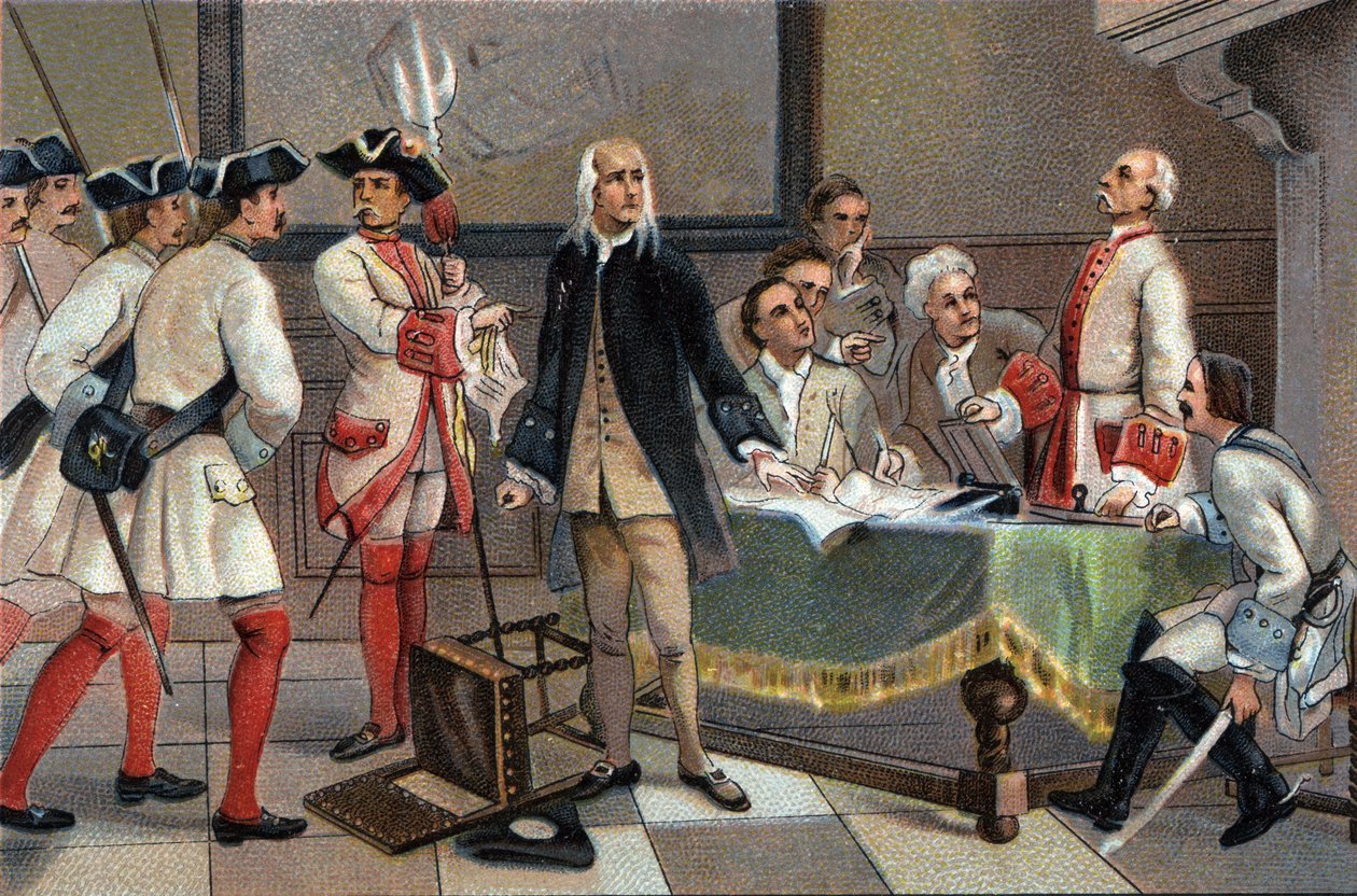 Die Verhaftung von Francois Anneessens im Jahr 1719, weil er der Hauptanstifter des Brüsseler Aufstands von 1717 war. Werbechromolithographie von Antoine-Schokoladen in Brüssel, Anfang des 20. Jahrhunderts. Private Sammlung. von Anonymous Anonymous