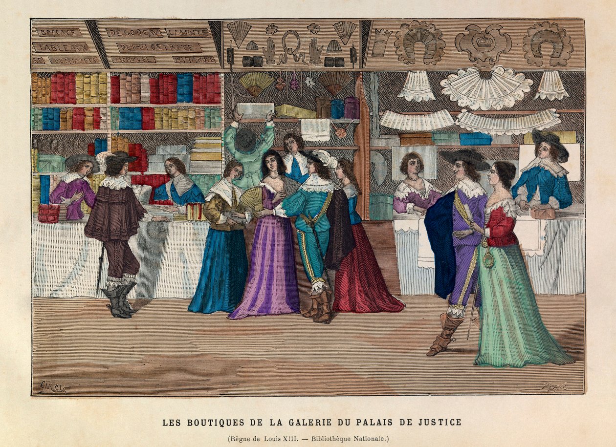 Die Boutiquen der Galerie des Palais de Justice in Paris unter der Herrschaft von König Ludwig XIII. im 17. Jahrhundert - Geschäfte in der Galerie des Palais de Justice, Paris, Herrschaft von Ludwig XIII. von Anonymous Anonymous