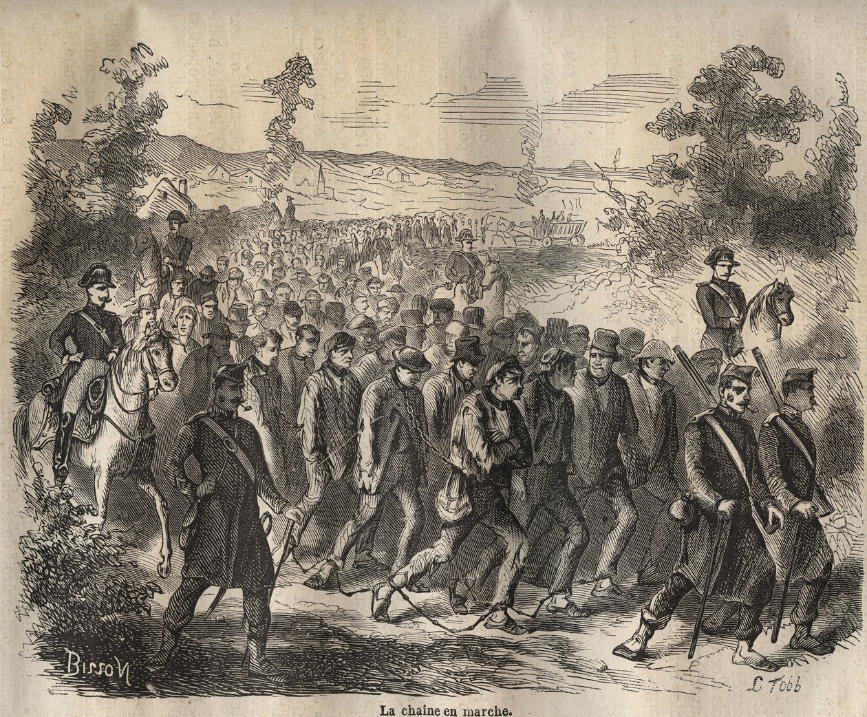 Die Kette begann im Toulon Bagne im 19. Jahrhundert. Gravur in „Histoire des bagnes depuis leur création à nos jours“ (1877) von Pierre Zaccone. Private Sammlung. von Anonymous Anonymous