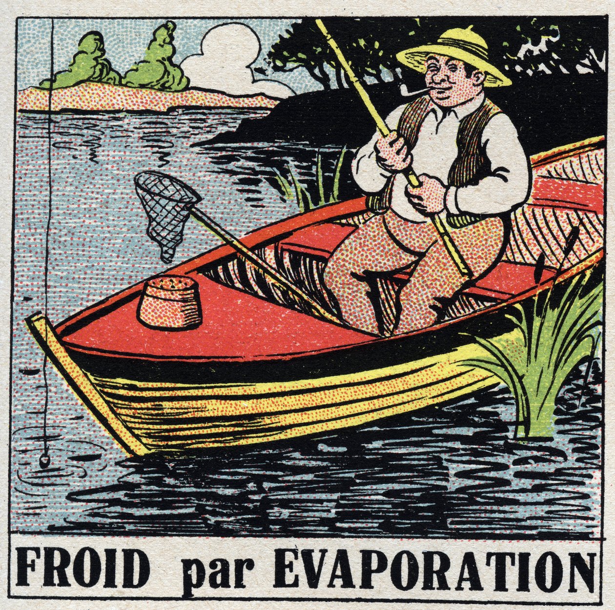Die Kälteindustrie: Kälte durch Verdunstung. Ein Fischer in seinem Boot bleibt kühl dank der Verdunstung des Flusswassers. Anonyme Illustration von 1925. Private Sammlung. von Anonymous Anonymous