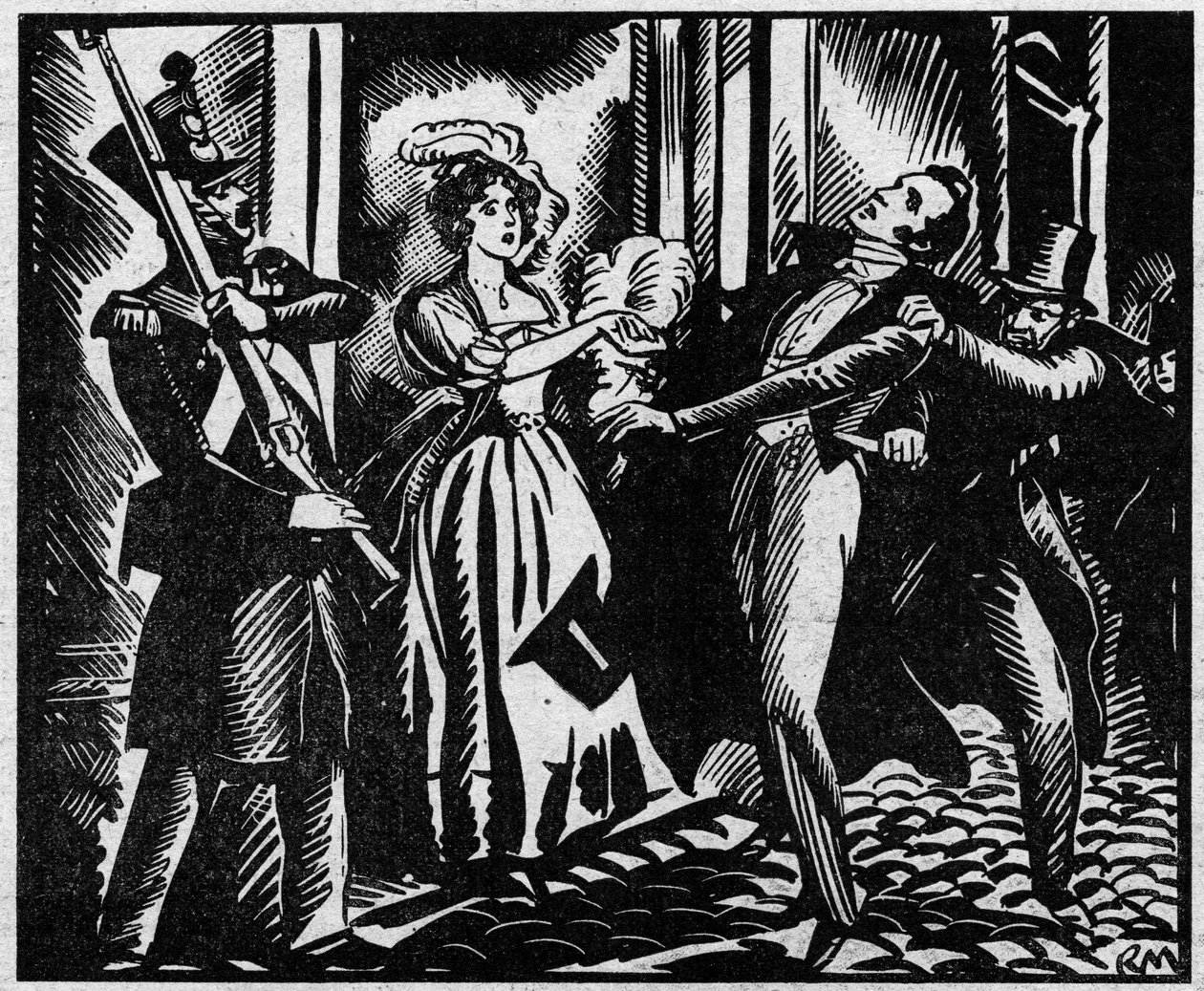 Der Tod des Herzogs von Berry (1778-1820) am 13.02.1820 an der Königlichen Musikakademie. Der Neffe von König Ludwig XVIII. wird an der Oper von Louvel, einem Republikaner, der die königliche Dynastie auslöschen will, ermordet. Illustration aus „Le Petit J von Anonymous Anonymous