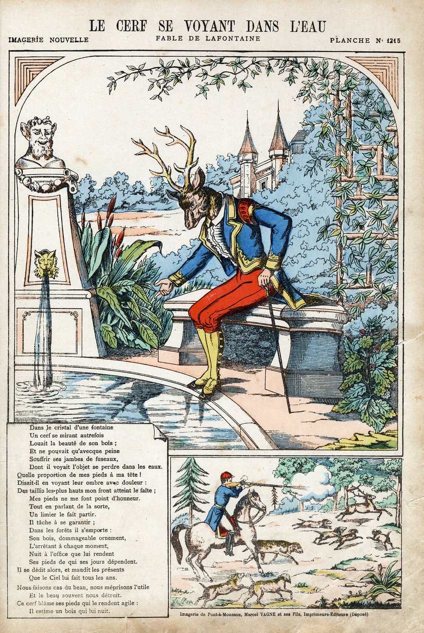 Der Hirsch sieht sich im Wasser. Anonyme Illustration für Les Fables von Jean de La Fontaine (1621-1695). Bilddruck von Pont-à-Mousson, ca. 1880. Private Sammlung. von Anonymous Anonymous