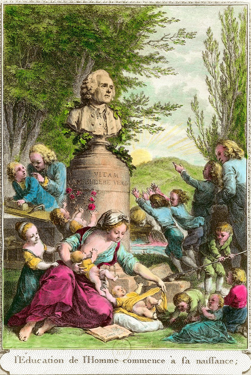 Die Erziehung des Menschen beginnt bei seiner Geburt: Mütter mit ihren Kindern, neben einer Büste zu Ehren des Schweizer Philosophen Jean Jacques Rousseau (1712-1778). Gravur des 18. Jahrhunderts Privatsammlung von Anonymous Anonymous