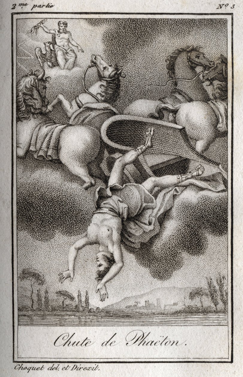 Der Sturz des Phaeton (Phaethon), unfähig, den Wagen des Helios zu kontrollieren, wurde von Zeus getroffen und fiel in den Eridanus-Fluss. Gravur von 1819 in „Lettres à Emilie sur la mythologie“ von Charles Albert Demoustier (1760-1801). Private Sammlung von Anonymous Anonymous