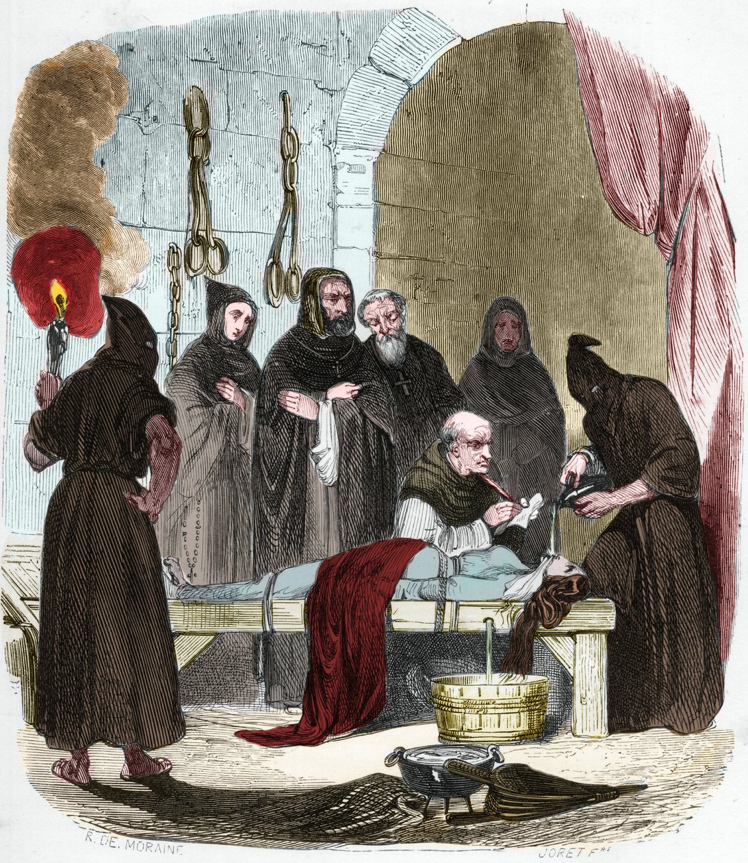 Die Wasserfrage: Pedro (Pierre) de Arbues (1441/1442 - 1485) verhört unter Folter eine junge Frau, die angeblich ihre Schwester zum Luthertum verführt hat. Mit Schnüren gefesselt, wird Wasser in ein Tuch gegossen, das in den Rachen gedrückt wird. von Anonymous Anonymous