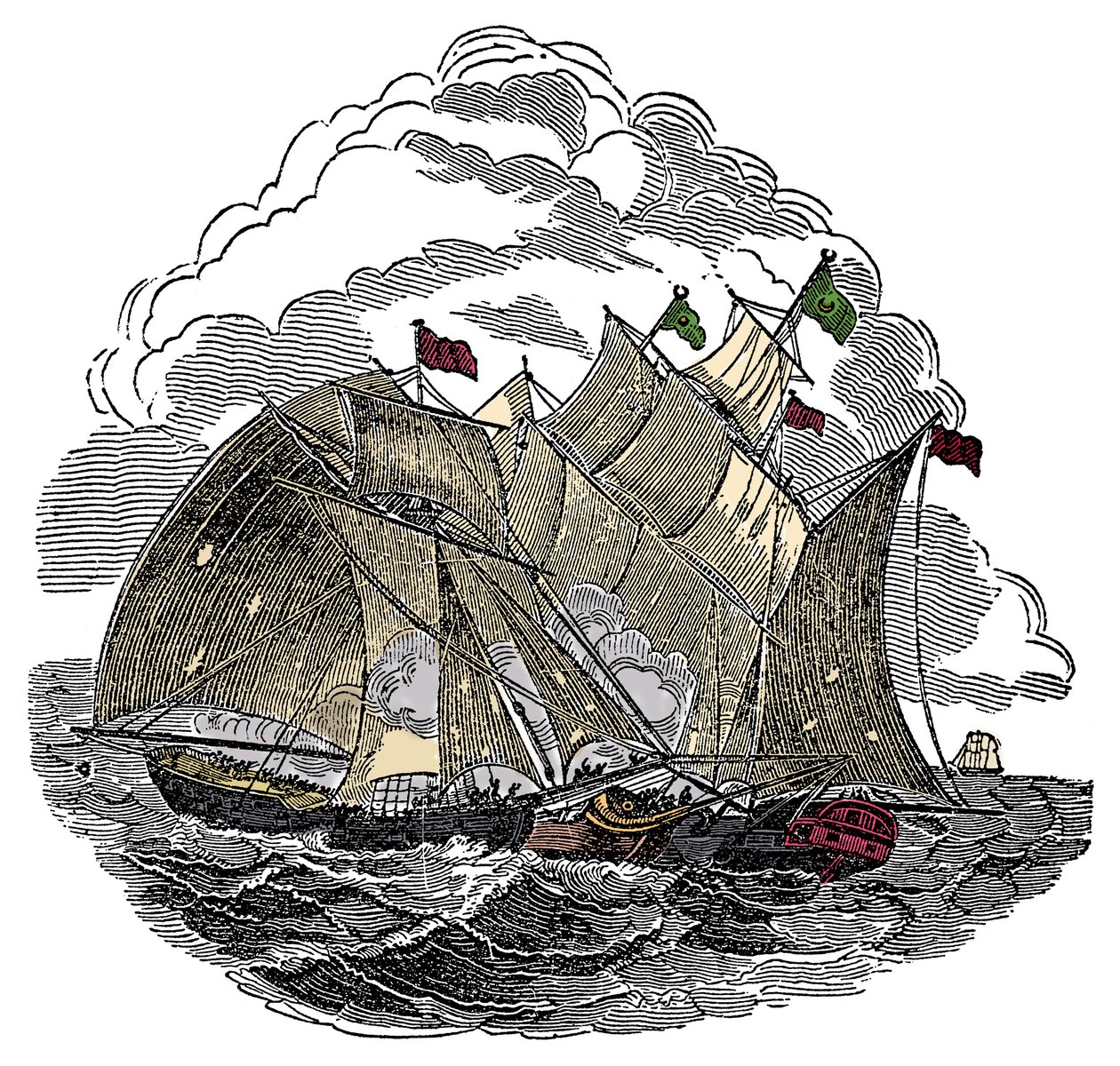 Das Schiff des Piraten Henry Every (John Avery, Long Ben, Benjamin Bridgeman) (? -1695) griff im September 1695 die Flotte des Großmoguls Aurangzeb (Alamgir) vor Surate, Indien an. Gravur aus „The Pirates Own Book“ von Charles Ellms von Anonymous Anonymous