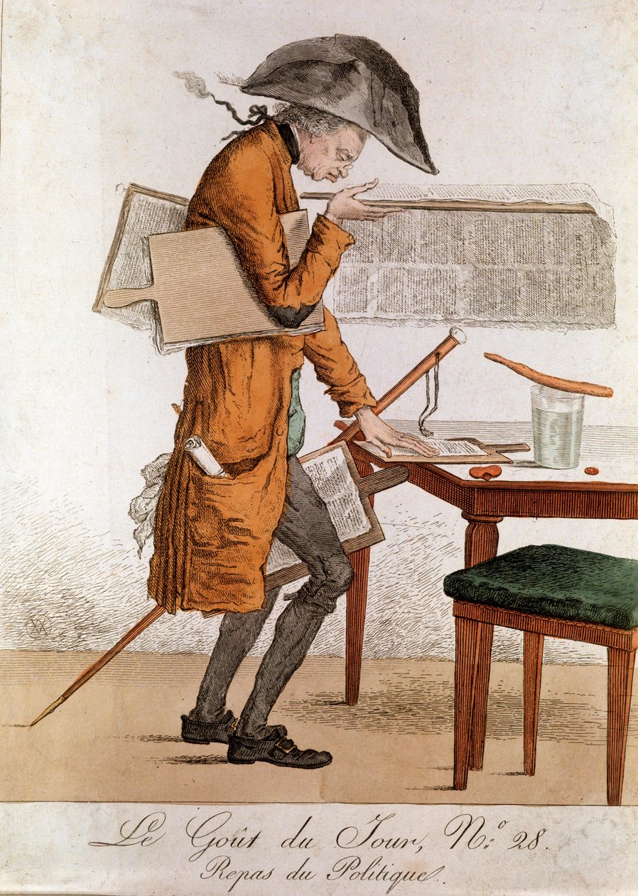 Der Geschmack des Tages: Karikatur politisches Mittagessen im Job des Journalisten. Gravur Ende 18. Jahrhundert Anfang 19. Jahrhundert Private Sammlung von Anonymous Anonymous