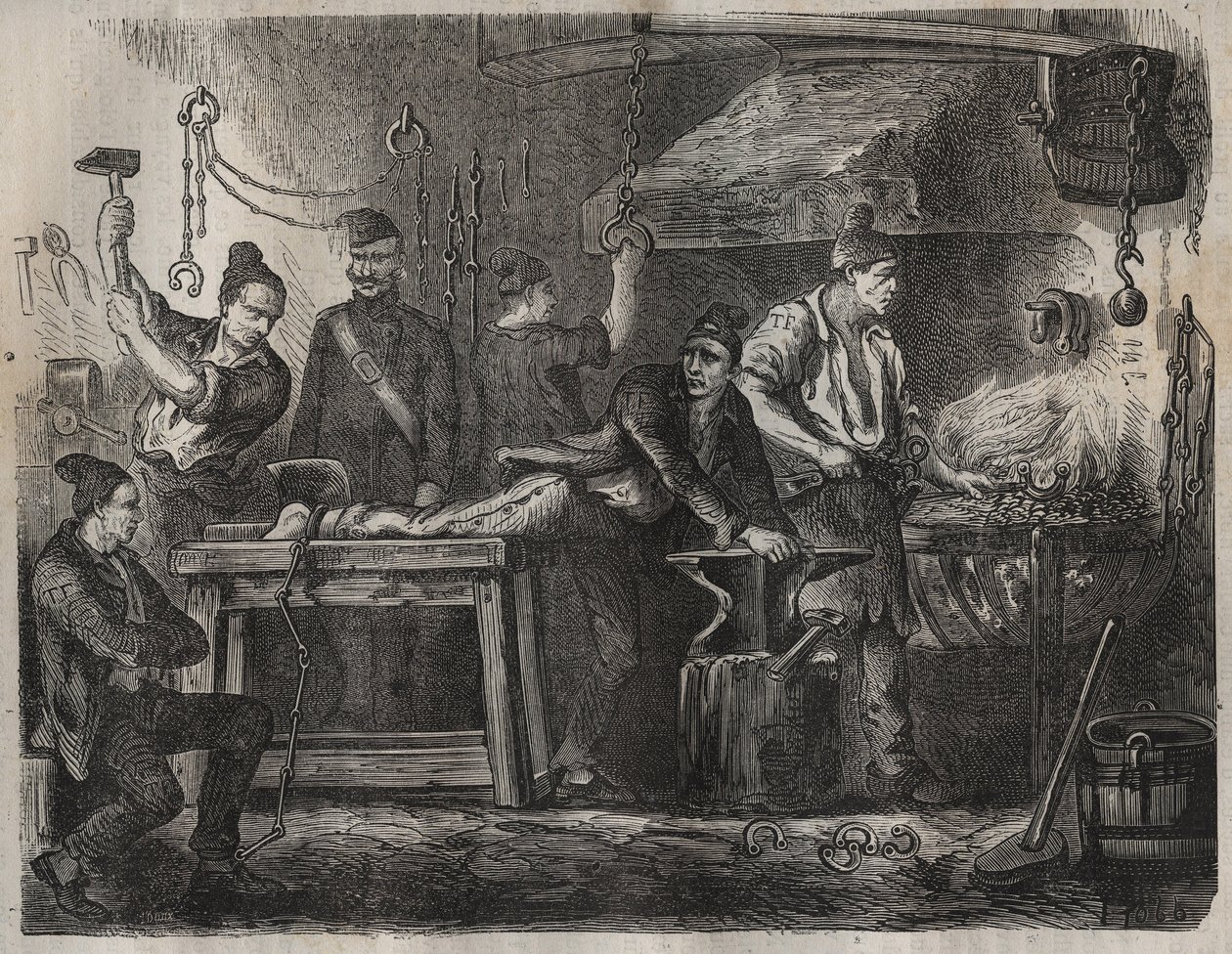 Der Transfer ins Toulon-Bagne im 19. Jahrhundert. Gravur in „Histoire des bagnes depuis leur création à nos jours“ (1877) von Pierre Zaccone (1817-1895). Private Sammlung. von Anonymous Anonymous