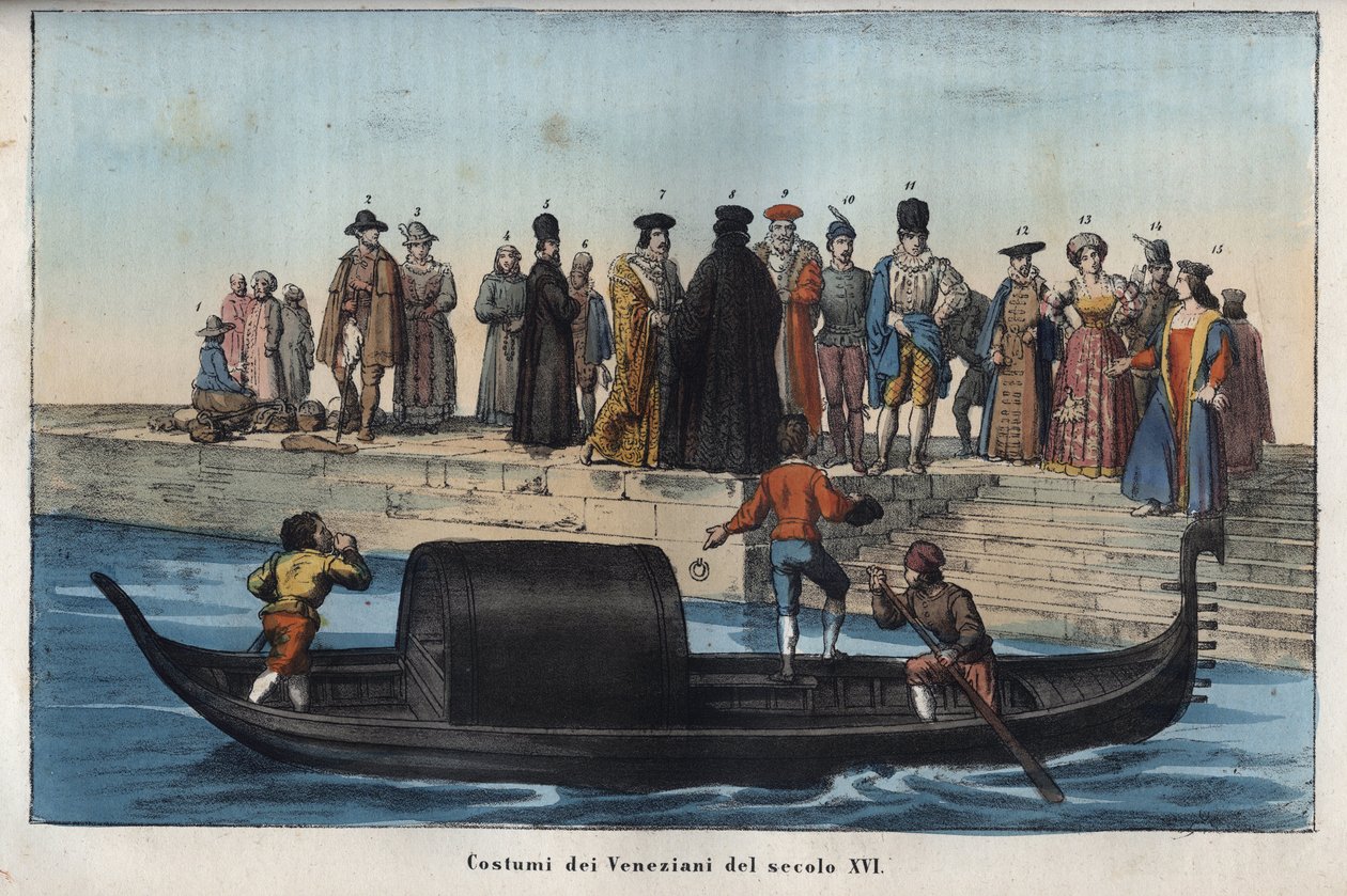 Venezianische Kostüme des sechzehnten Jahrhunderts - Gravur aus „Usi e Costumi di Tutti i Popoli dell
