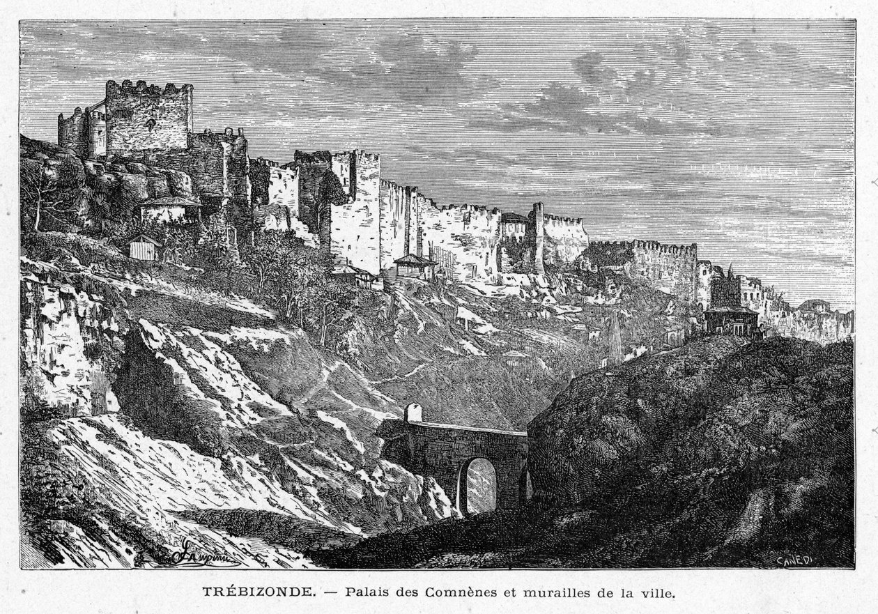 Ansicht des Palais des Comes und der Stadtmauern von Trapezunt (Türkei). Gravur in „Les Missions Catholiques au XIXème Siècle“ von Louis-Eugène Louvet. Private Sammlung. von Anonymous Anonymous