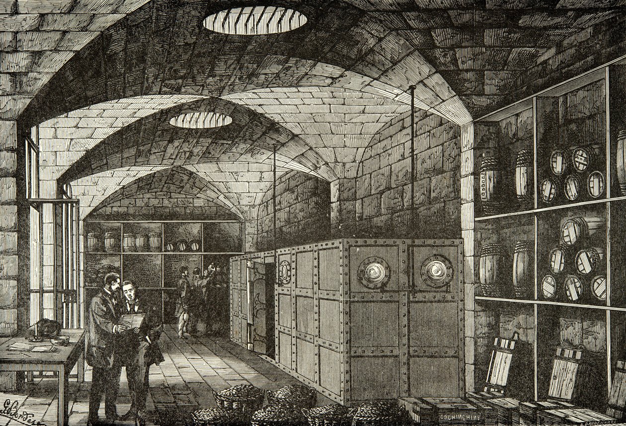 Weinkeller des Schatzes der Banque de France im 19. Jahrhundert, Gravur, Private Sammlung von Anonymous Anonymous