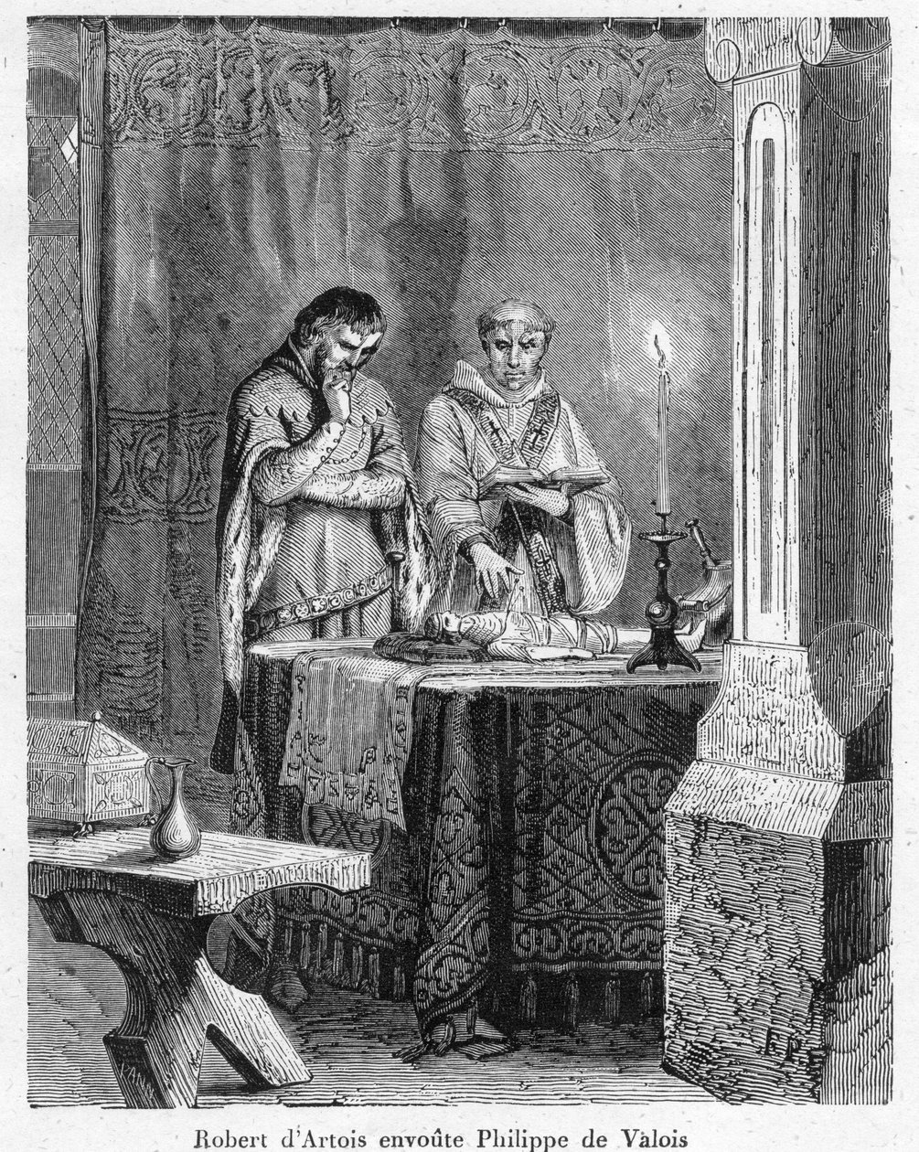 Hexerei und schwarze Magie: „Der Herr Robert III. von Artois (1287-1342) verzaubert Johann von Valois (Johann II., genannt Johann der Gute), Sohn von König Philipp VI., auf einer Wachsfigur in seinem Bild (Voodoo) von Anonymous Anonymous