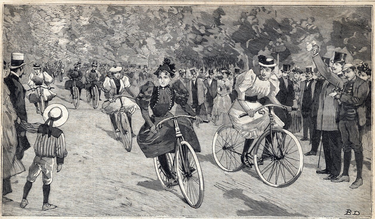 Frauenrennen der Velocipedisten im Bois de Boulogne bei Paris. Gravur in „Le Petit Parisien“ am 25.06.1893 von Anonymous Anonymous
