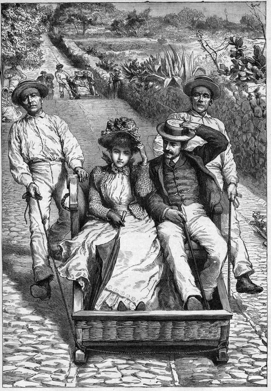 Carros de cesto auf Madeira 1893 - Les corinhos (carrieros) auf Madeira - Männer führen einen Sitz für zwei Personen auf Rollen (ein corinho). Gravur in „Journal des voyages“ 1893 von Anonymous Anonymous