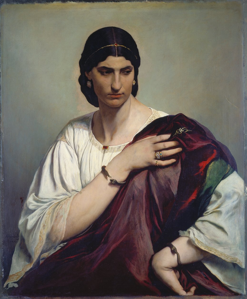 Lucrezia Borgia; Porträt einer römischen Frau in weißer Tunika und rotem Gewand von Anselm Feuerbach