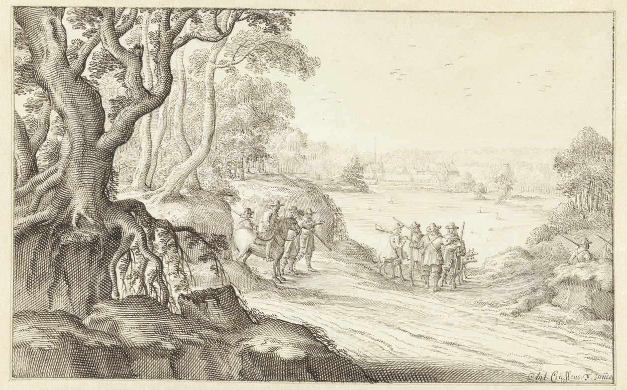 Jäger in einer hügeligen Landschaft, im Hintergrund die Abtei Groenendaal in Brüssel von Anthonie Crussens