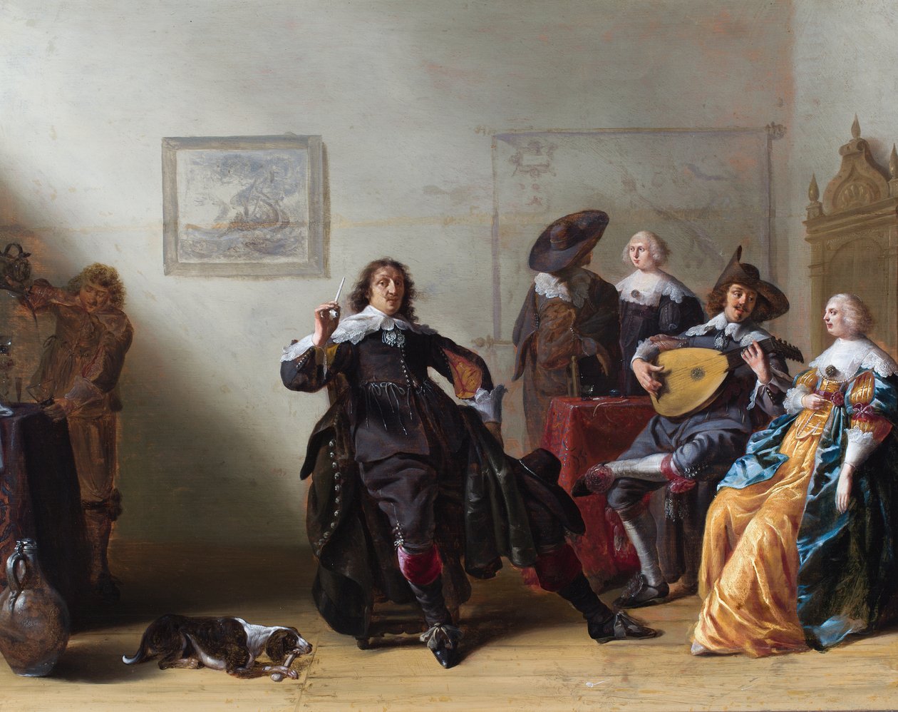 Ein Interieur mit fünf eleganten Figuren um einen Tisch, eine spielt Laute von Anthonie (1601-73) Palamedesz