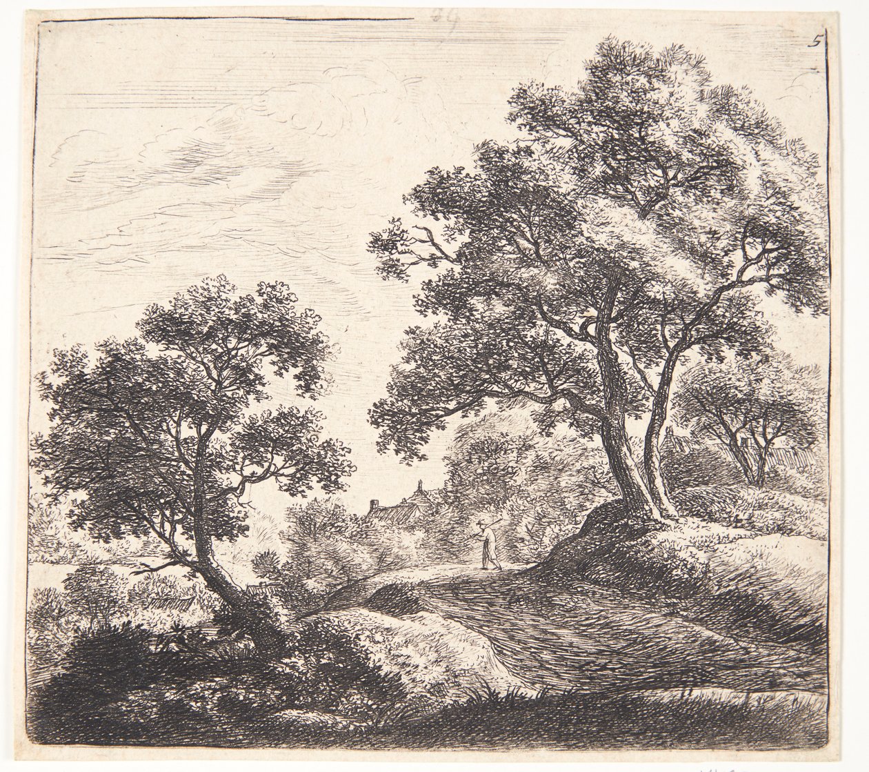 Bauer, der eine breite Landstraße überquert von Anthonie Waterloo