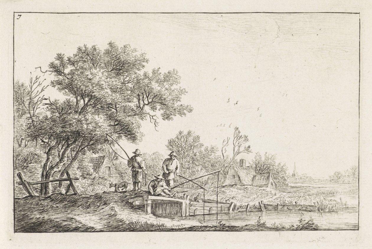 Drei Fischer auf einer Brücke von Anthonie Waterloo
