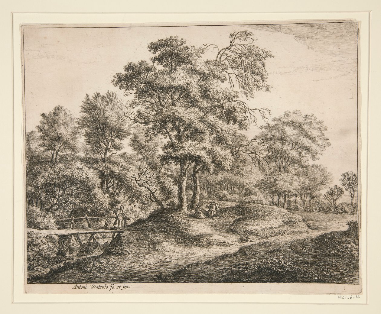 Die Bäuerin und das Mädchen auf der kleinen Holzbrücke von Anthonie Waterloo