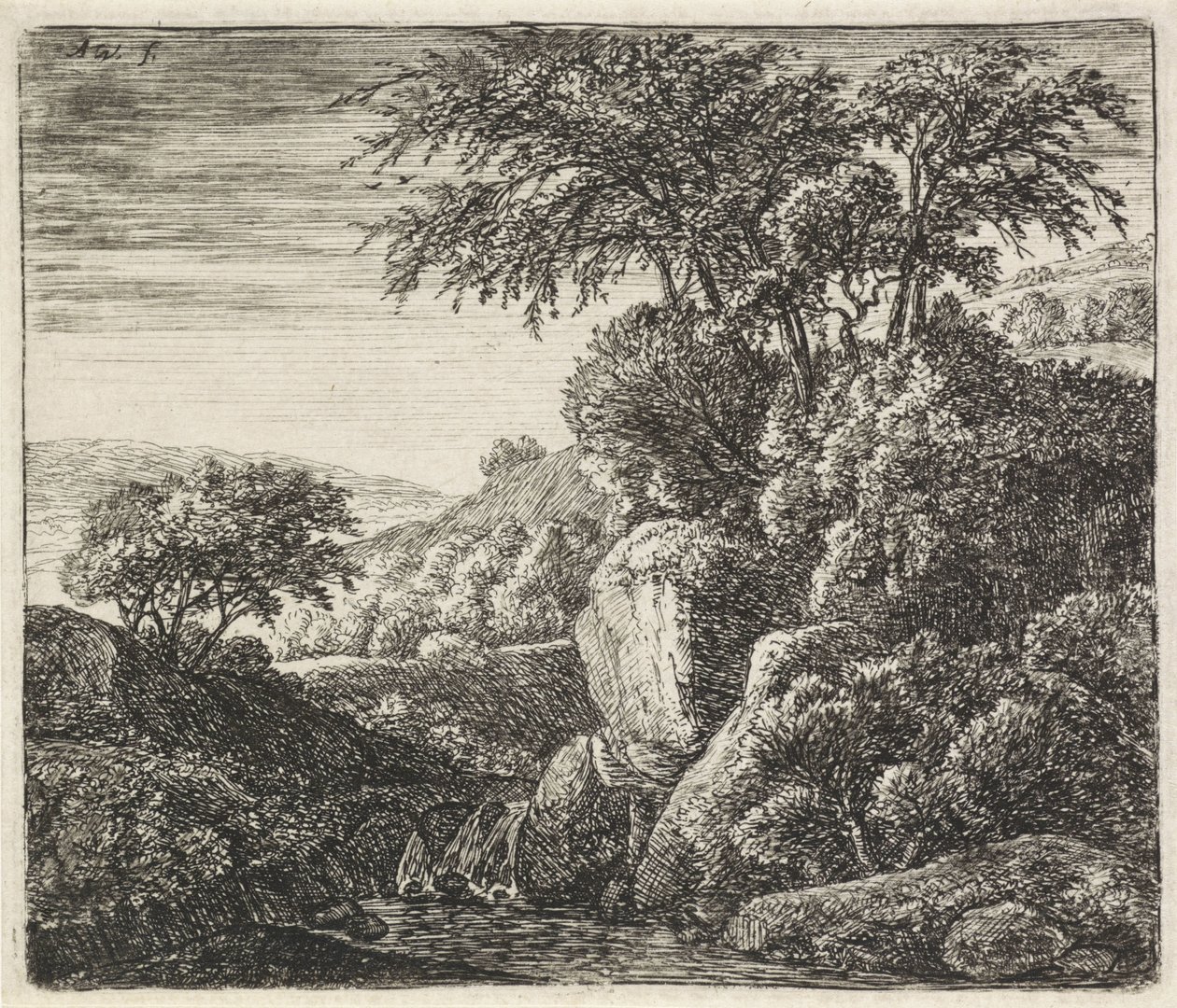 Landschaft mit einem kleinen Wasserfall von Anthonie Waterloo