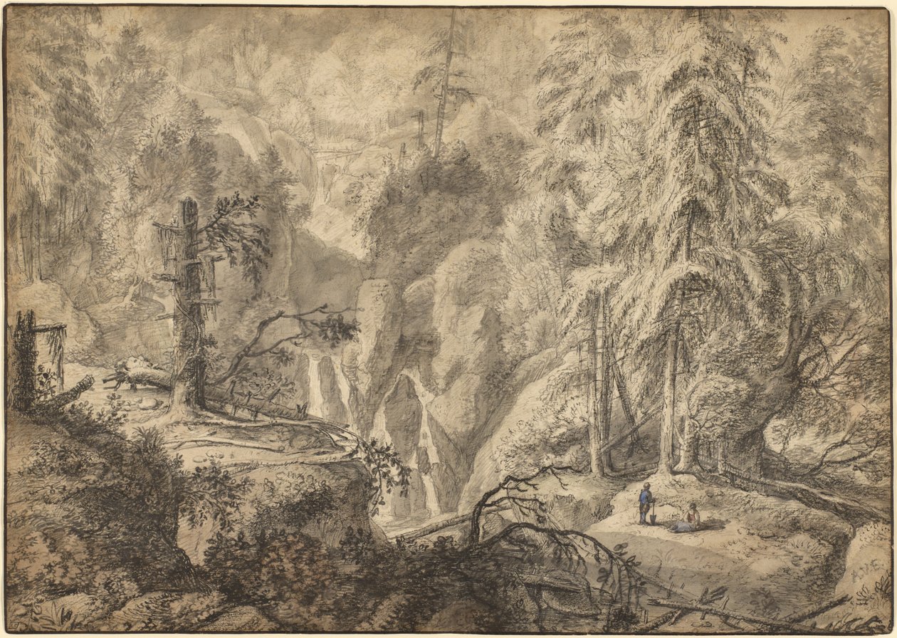 Berglandschaft, Bauern in einer Lichtung nahe einem Wasserfall (recto); Landschaftsskizze (verso) von Anthonie Waterloo