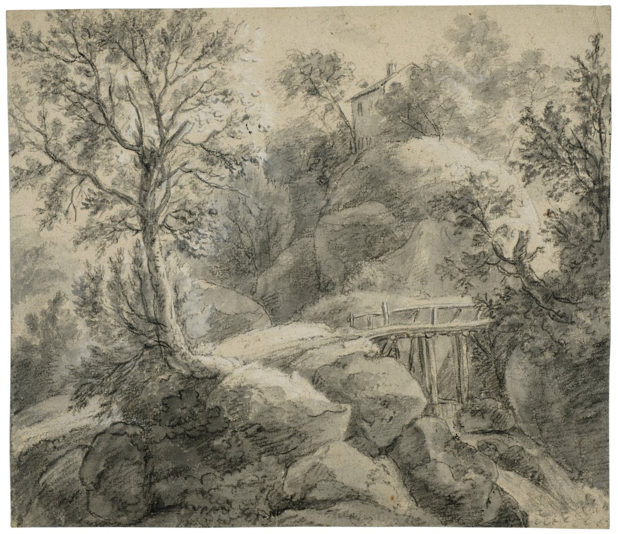 Felsige Landschaft mit einer Brücke über einen Bach von Anthonie Waterloo