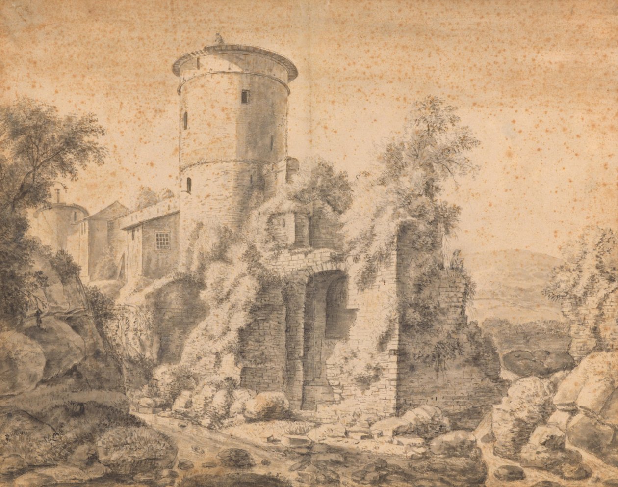 Ruine mit rundem Turm von Anthonie Waterloo