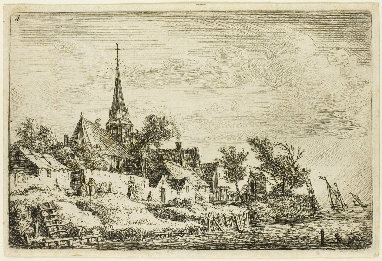 Der Kirchturm im Dorf am Meer von Anthonie Waterloo