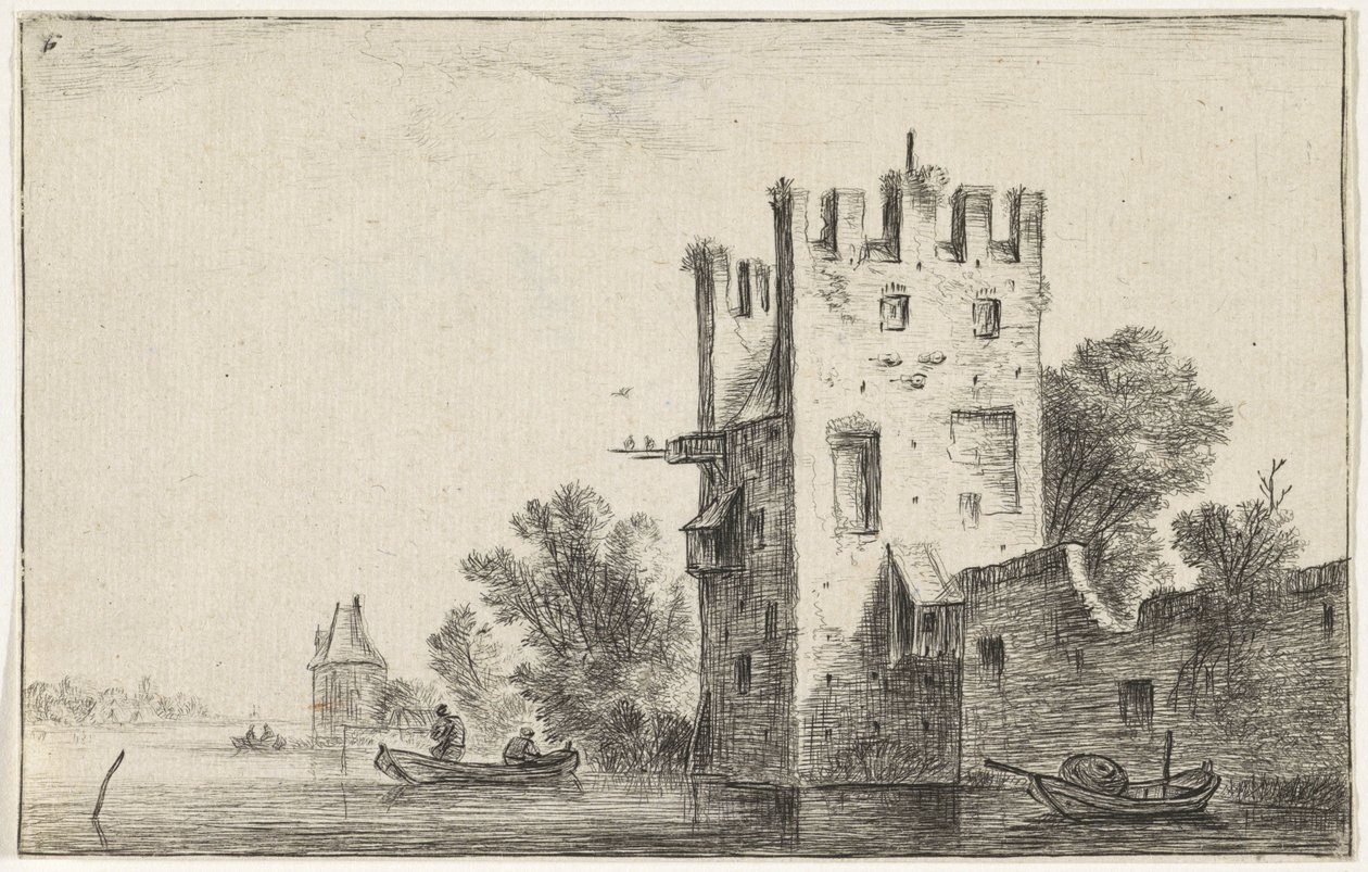Quadratischer Turm am Wasser von Anthonie Waterloo