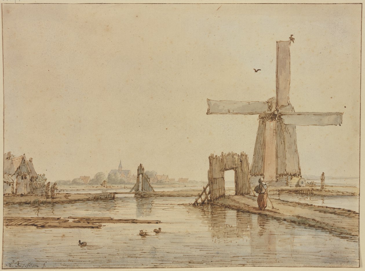 Windmühle auf einem schmalen Damm, vorne drei Enten von Anthonie van Borssom