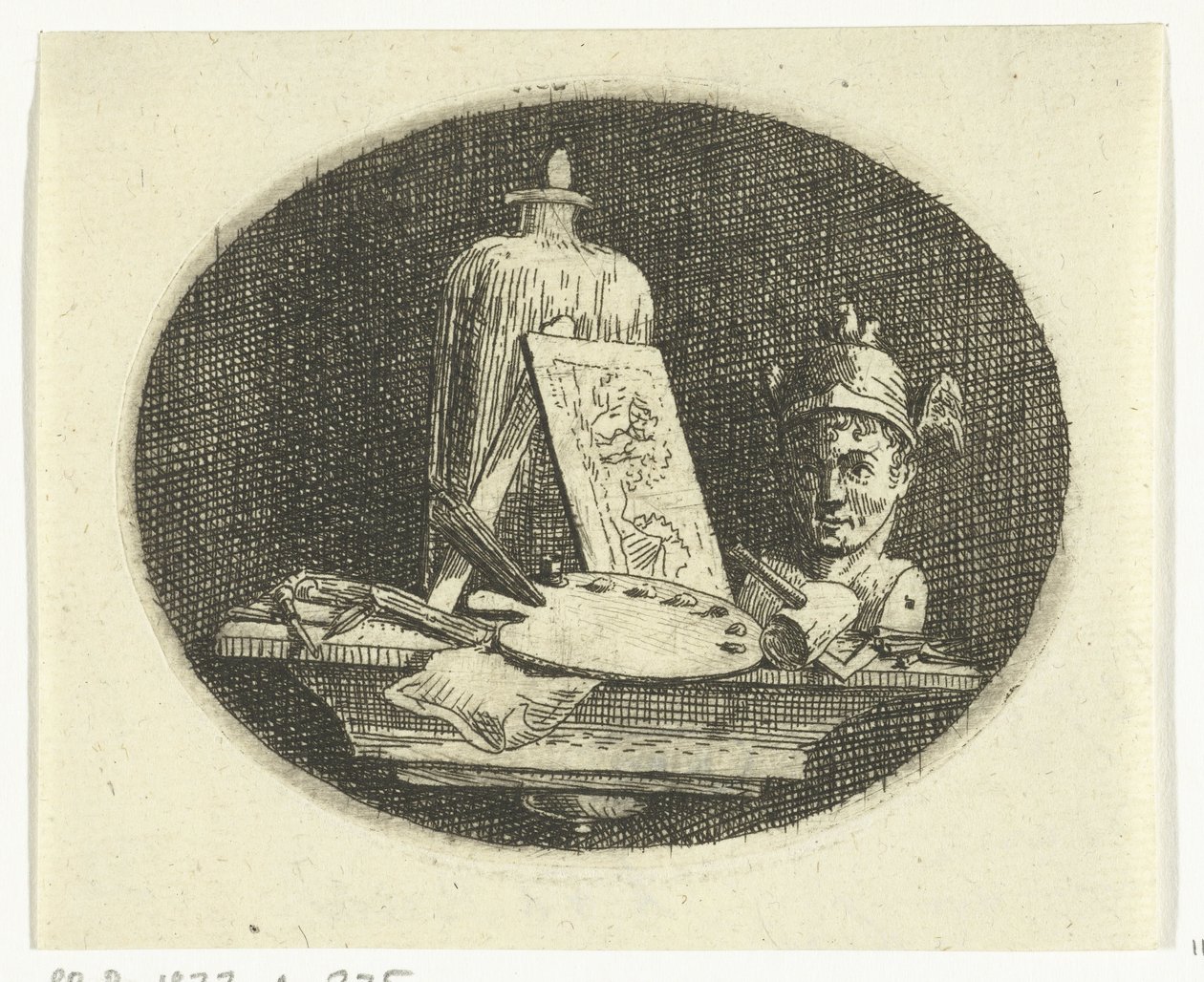 Stillleben mit Palette, Gemälde und Büste des Merkur von Anthonie van den Bos