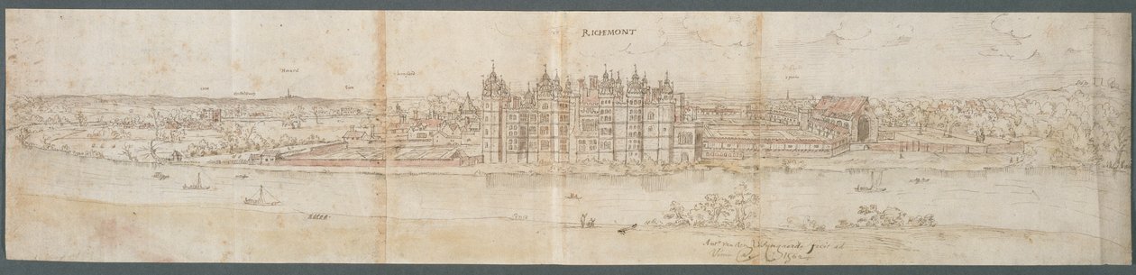 Richmond Palace von der anderen Seite der Themse, 1562 (Feder, Tinte und Aquarell auf Papier) von Anthonis van den Wyngaerde