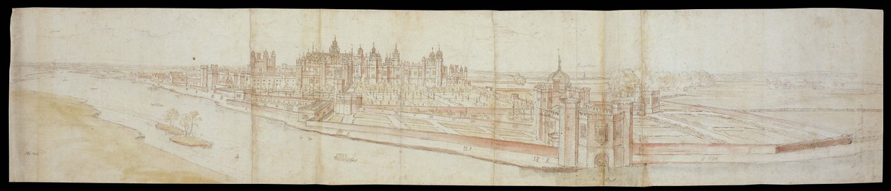 Blick auf Hampton Court Palace von Süden, mit dem Fluss im Vordergrund, 1558 von Anthonis van den Wyngaerde