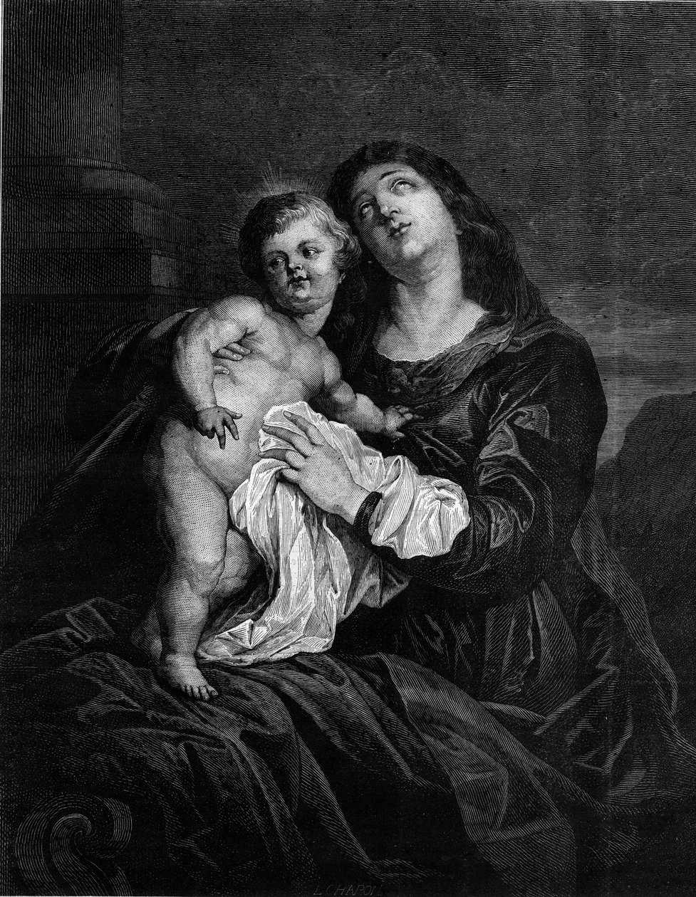 Die Jungfrau und das Jesuskind. Gravur nach einem Gemälde von Anton (Antoon oder Anthony) van Dyck (1599-1641). Gravur in „Le Monde Illustré“ Nr. 1239 vom 25. Dezember 1880. von Anthony van (after) Dyck