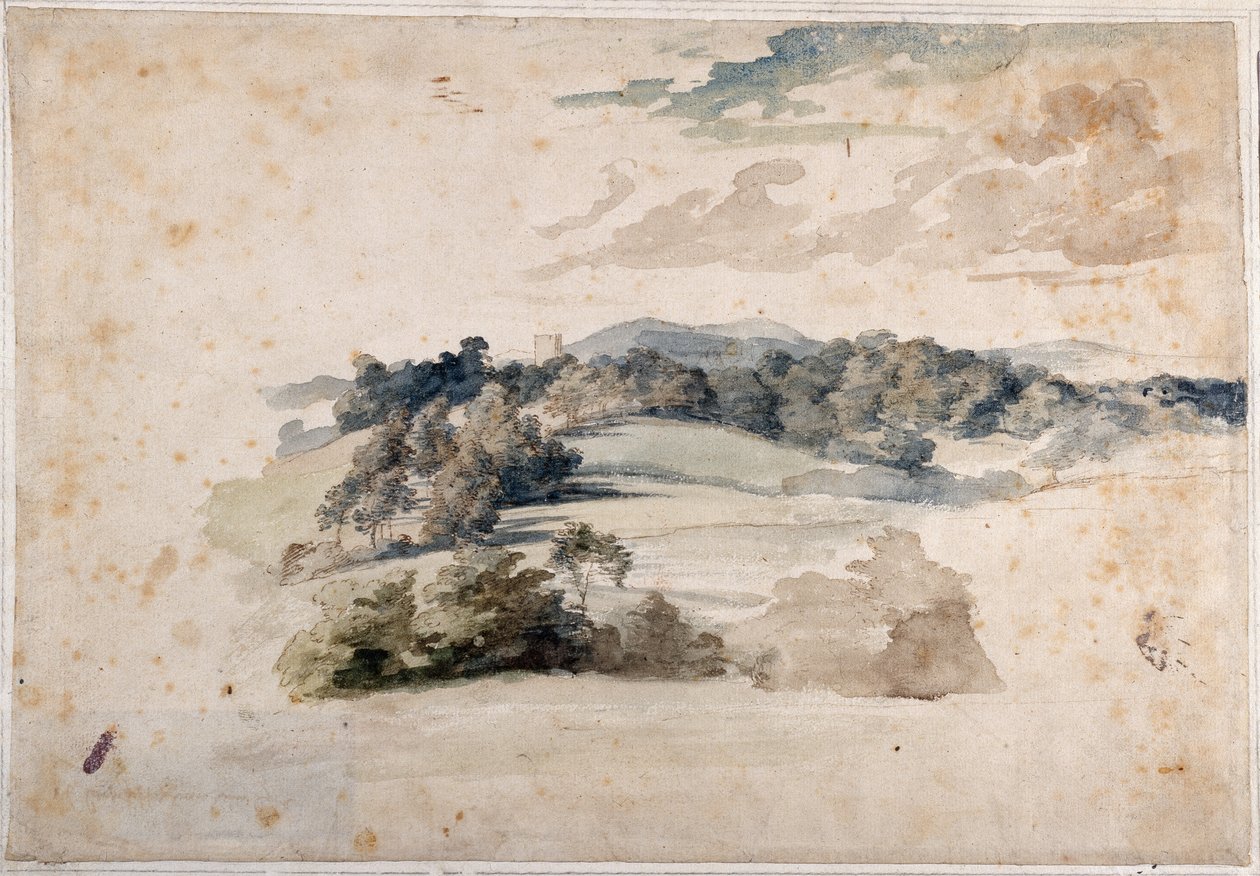 Eine englische Landschaft mit Wiesen und bewaldeten Hügeln (Bleistift & Aquarell auf Papier) von Anthony van Dyck