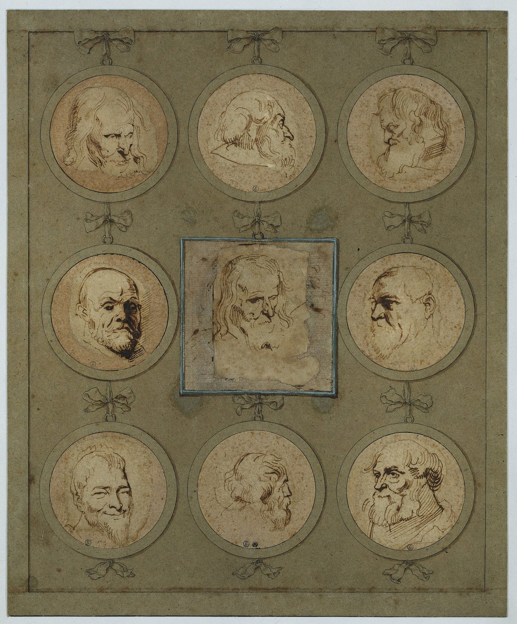 Sammelblatt mit neun Studienköpfen in Medaillons von Anthony van Dyck