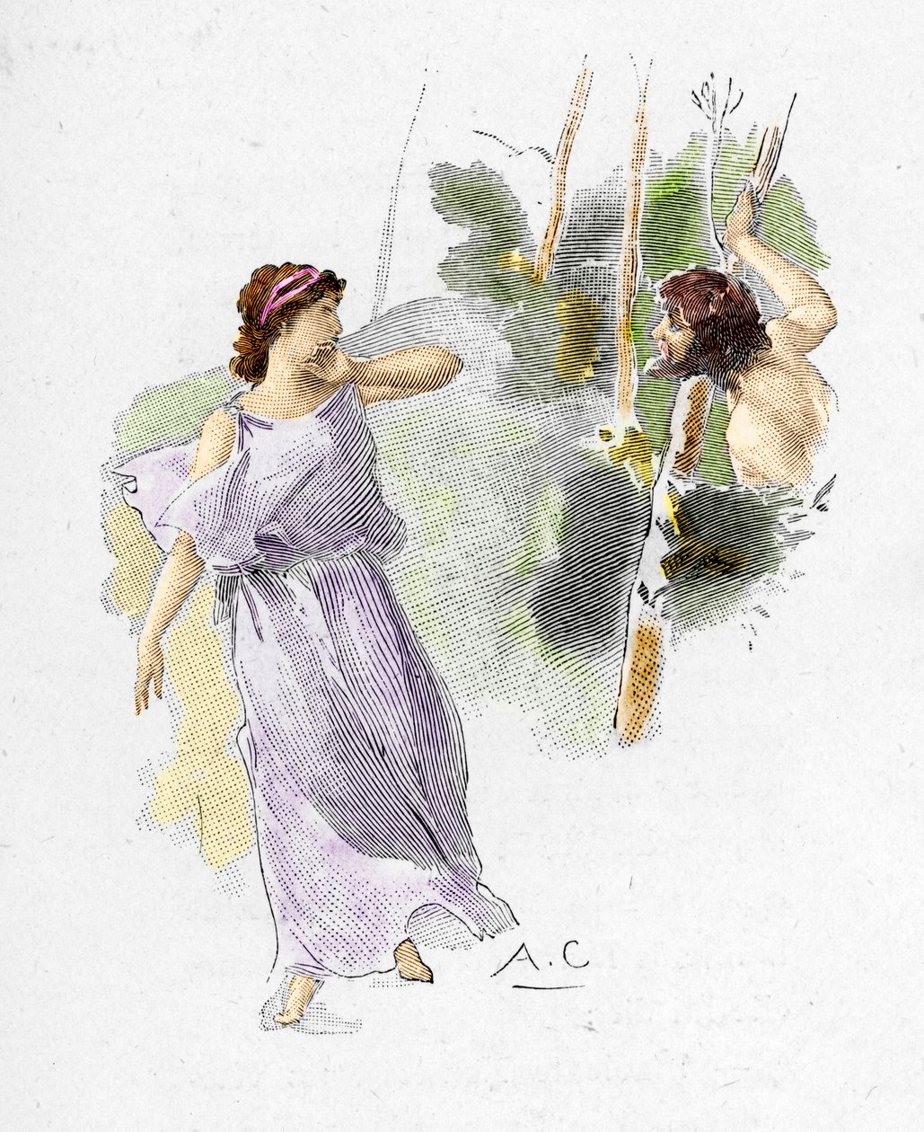 Odyssee von Homer: Nausikaa, Tochter von König Alkinoos, sieht Odysseus nackt und hungrig und bittet sie um Hilfe. Illustration von Antoine Calbet
