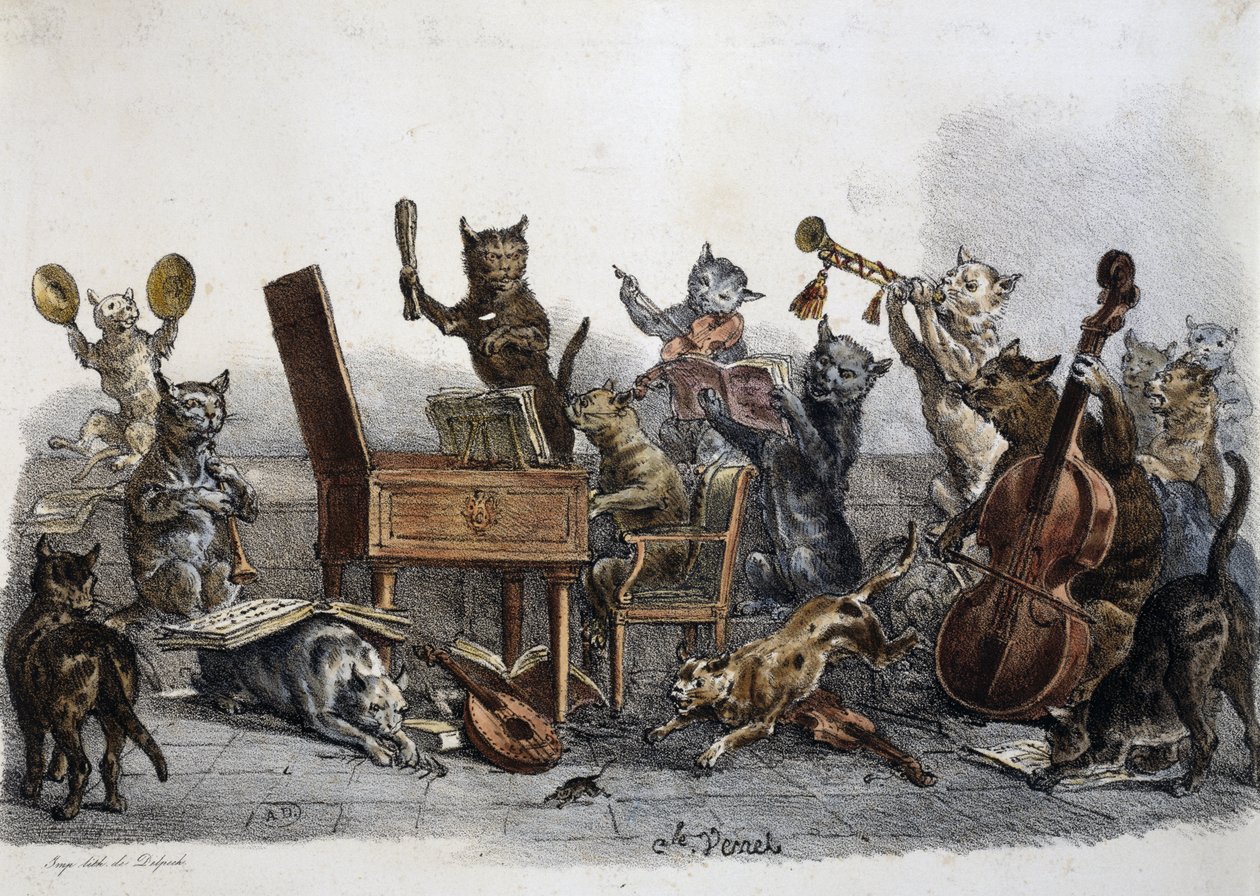 Ein Amateurkonzert, Karikatur von Katzen, die Musikinstrumente spielen, Stich von Carle Vernet (1758-1836), Frankreich von Antoine Charles Horace Vernet