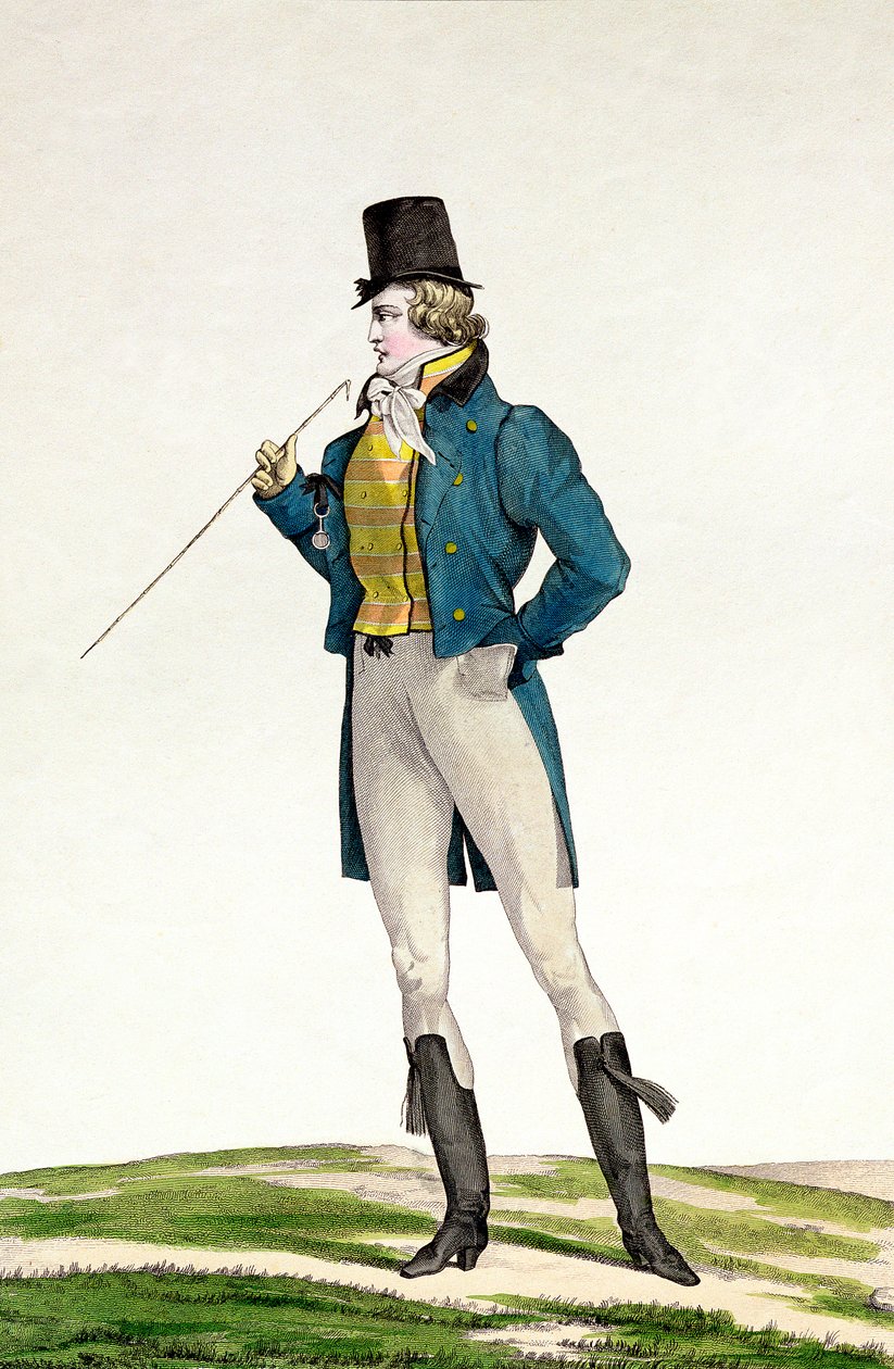 Ein Dandy in einem Robinson-Hut, mit kindlichen Locken, gestrickten Hosen und Reitstiefeln, Tafel 5 in der Serie Incroyable et merveilleuse von Antoine Charles Horace Vernet