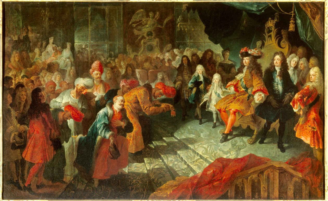 König Ludwig XIV. empfängt den außerordentlichen Botschafter Persiens Mehemet Reza Bey in der Spiegelgalerie in Versailles von Antoine Coypel