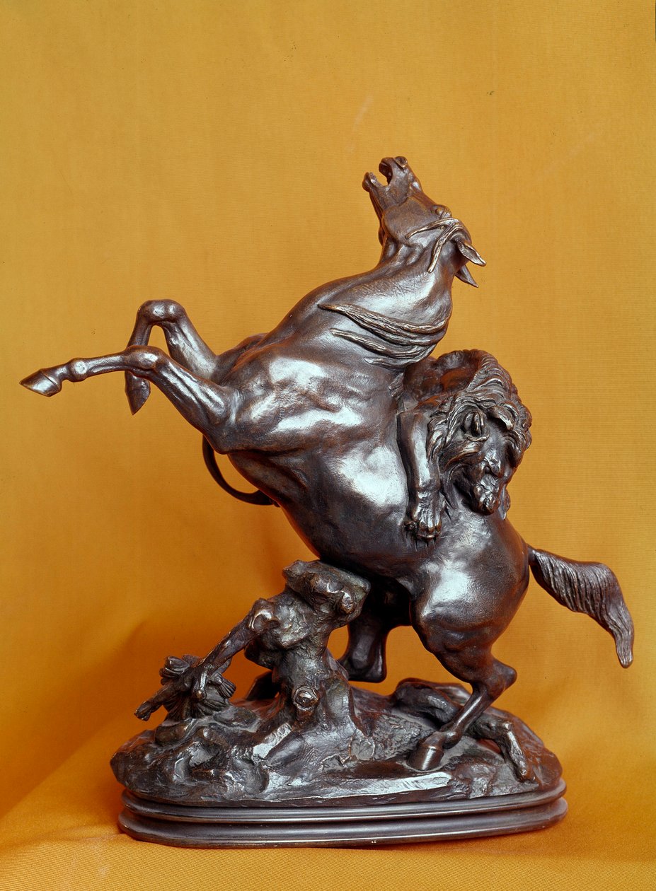 Löwe greift ein Pferd an. Bronzeskulptur von Antoine Louis Barye (1795-1875) 19. Jahrhundert von Antoine Louis Barye