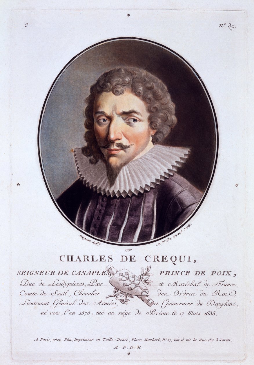 Charles de Crequi, aus Portraits des grands hommes, femmes illustres, et sujets memorables de France, graviert und in Farben gedruckt, veröffentlicht von Pierre Blin, 1786-92, Paris von Antoine Louis Francois Sergent Marceau