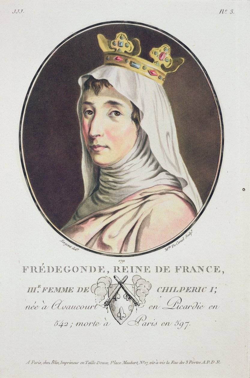 Fredegonde, Königin der Franken, aus Portraits des Grands Hommes, femmes illustres, et sujets memorables de France, grave et imprimes en couleurs, veröffentlicht von Pierre Blin, 1786-92, Paris von Antoine Louis Francois Sergent-Marceau