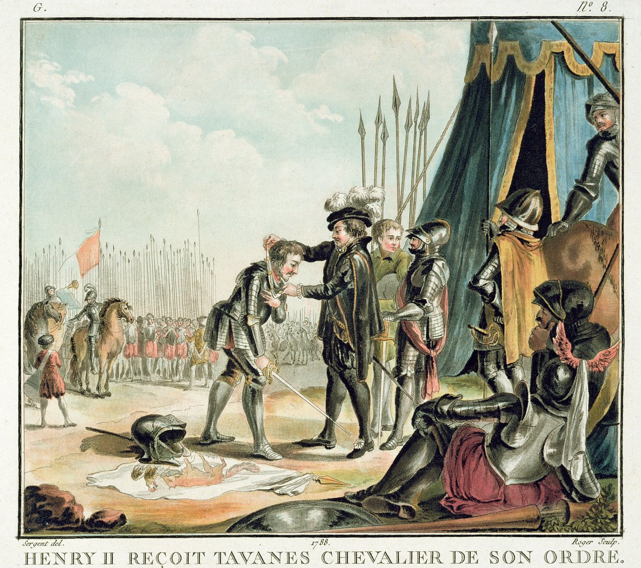 Henri II. (1519-59) empfängt Jean de Tavanes als Ritter in seinen Orden, graviert von Roger, 1788 von Antoine Louis Francois Sergent Marceau