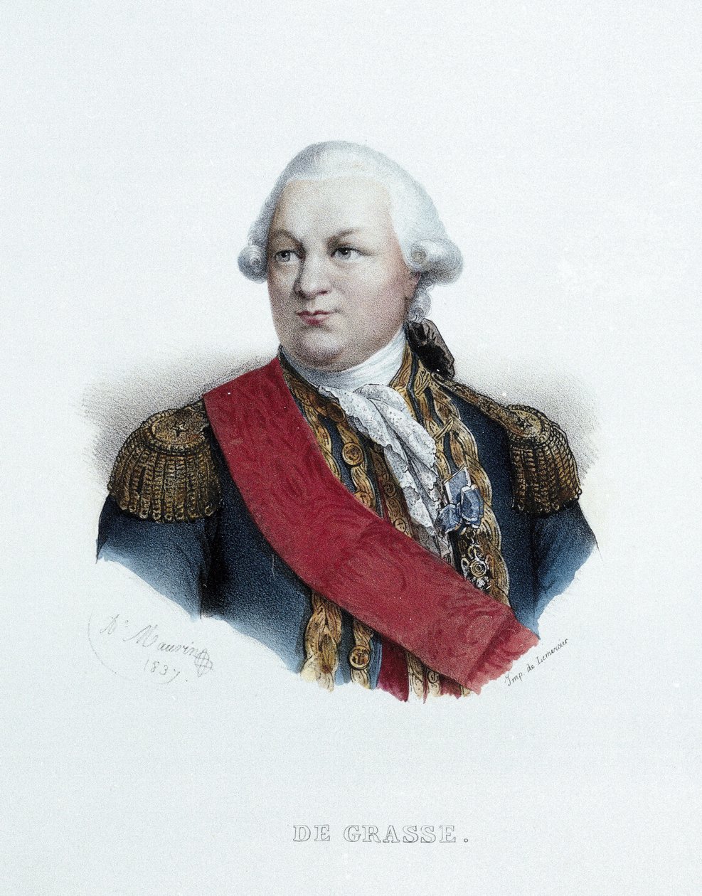 Porträt von Admiral François Joseph Paul De Grasse (1722-1788). Lithografie (23,9 x 15,6 cm), Werk von Antoine Maurin (1793-1890), Gravur von Lemercier von Antoine Maurin