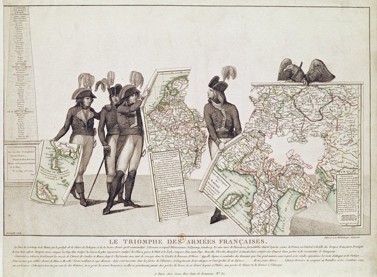 Der Triumph der französischen Armeen, Napoleon und seine Generäle halten Karten ihrer Siege zur Zeit des Friedens von Loeben, 18. April 1797, ca. 1797 von Antoine Maxime Monsaldy