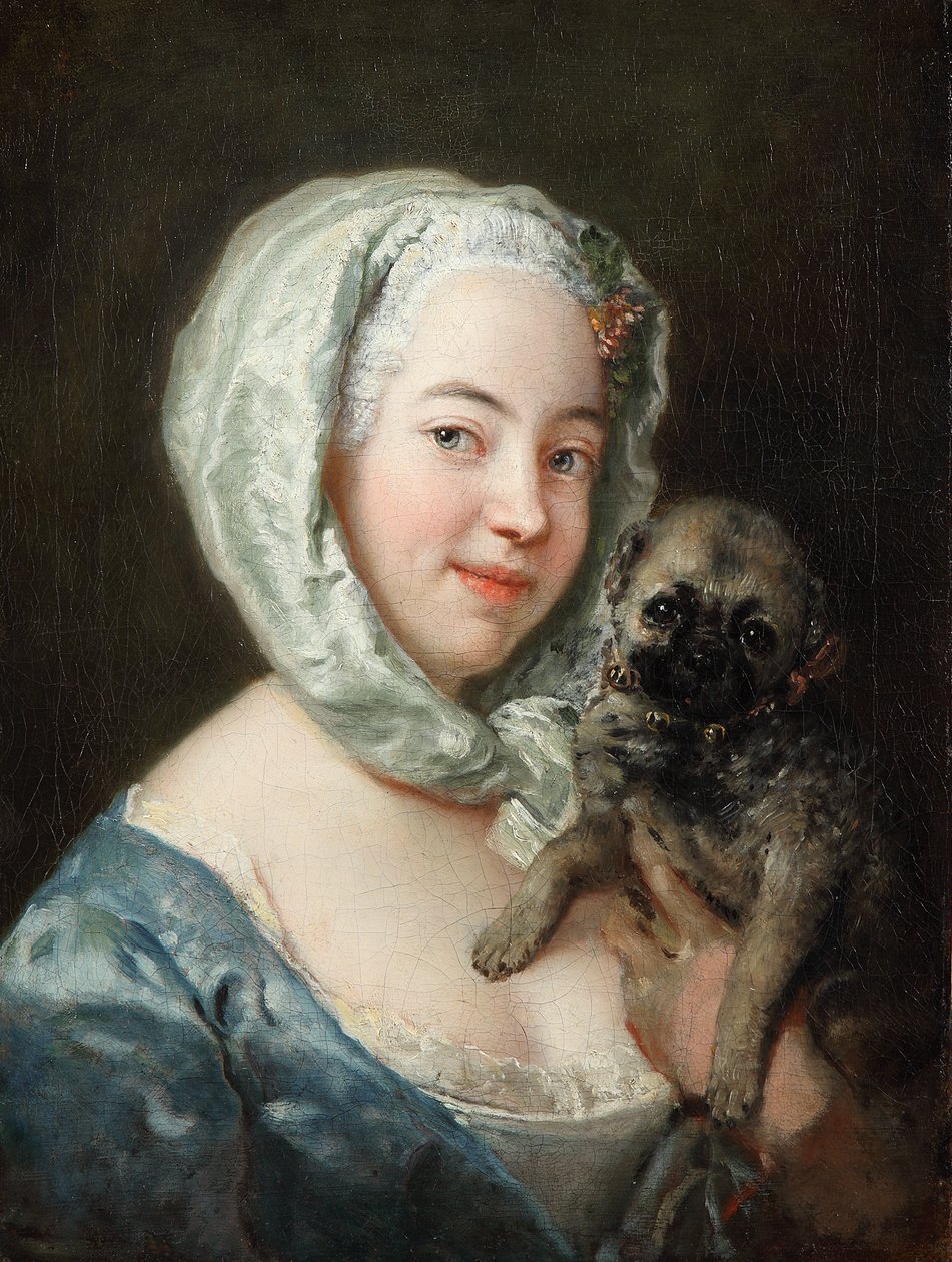Marie de Rège, geb. Pesne mit einem Mopshund von Antoine Pesne